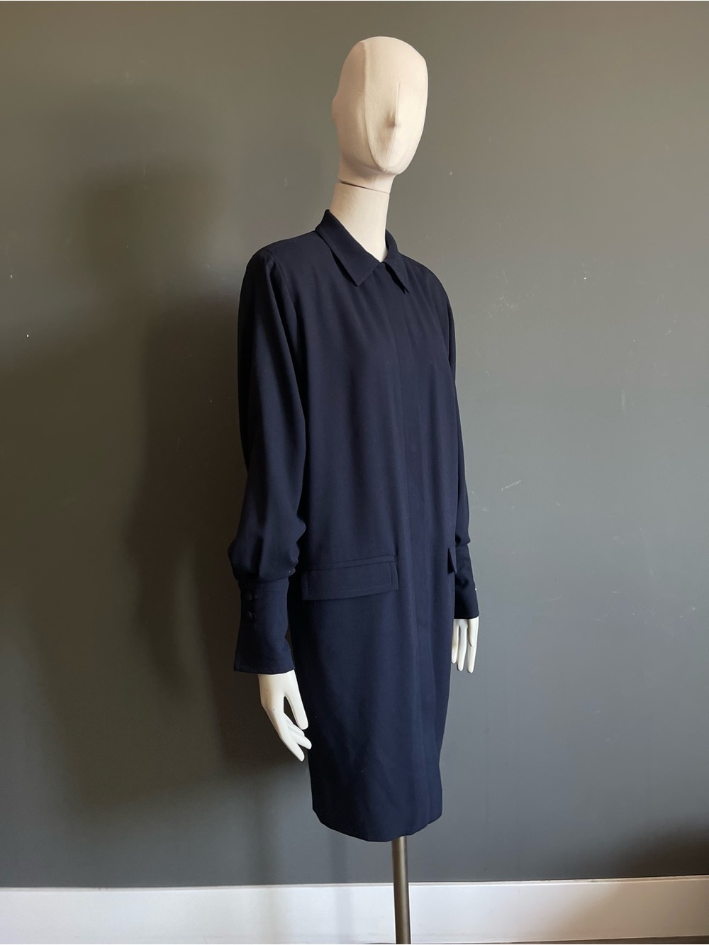 Lauren Sara Vintage Navy Wool Blend Feel Minimalist Midi Coat Dress Size Small